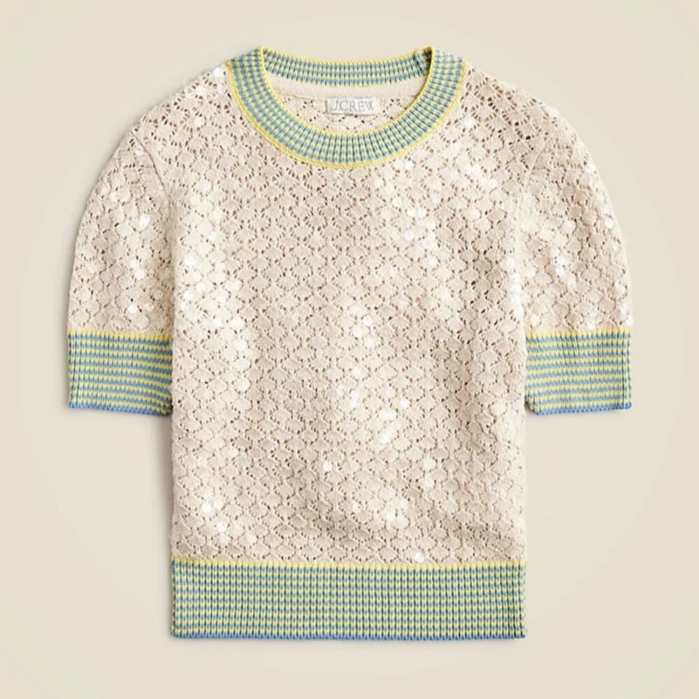 J. Crew S/S Clear Sequin Pointelle Sweater Tee with Striped Trim Size XXS NWT